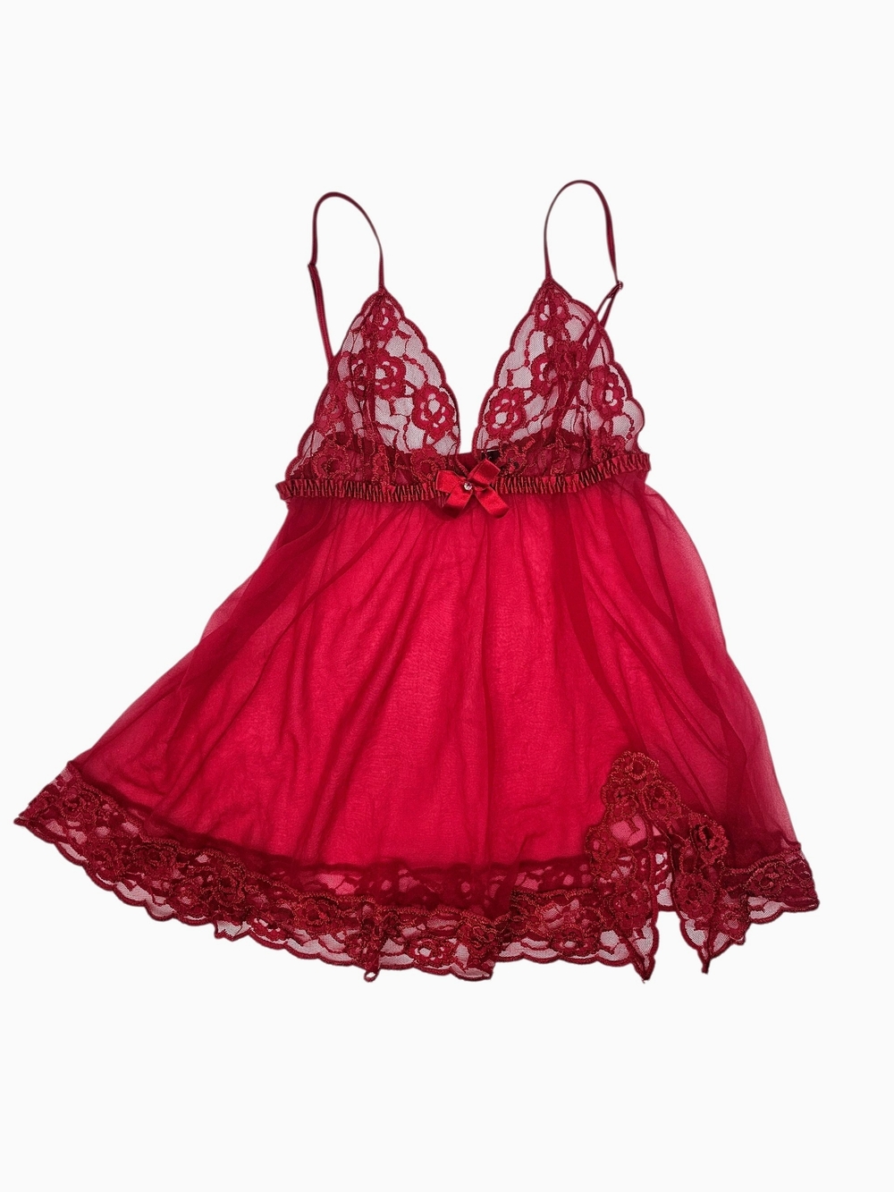 Vintage Frederick's of Hollywood Red Lace Mesh Babydoll Lingerie Slip Y2K Medium